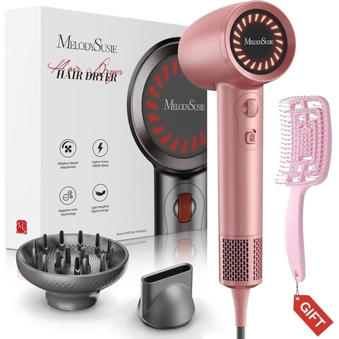 MelodySusie 120000 RPM High-Speed Hair Dryer Gift Set, 1600W Professional Ionic Blow Dryer with Diffuser & Comb, Heat Control for Fast Drying - Pink