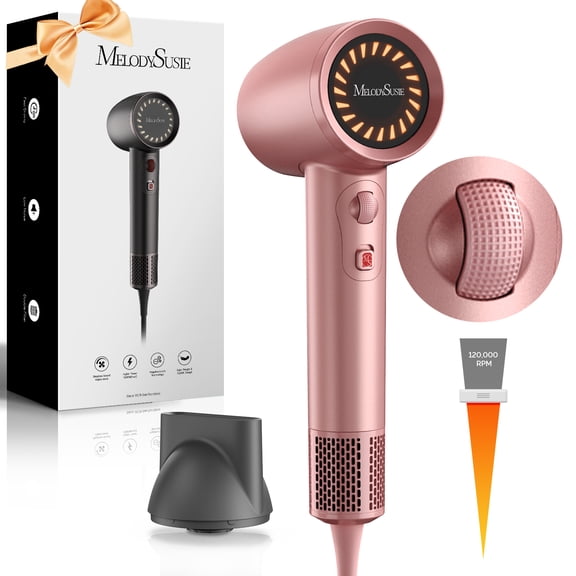 MelodySusie 1600W Ionic Hair Dryer with Diffuser, Lightweight Blow Dryer with Comb Attachment for Curly and Straight Hair - Pink