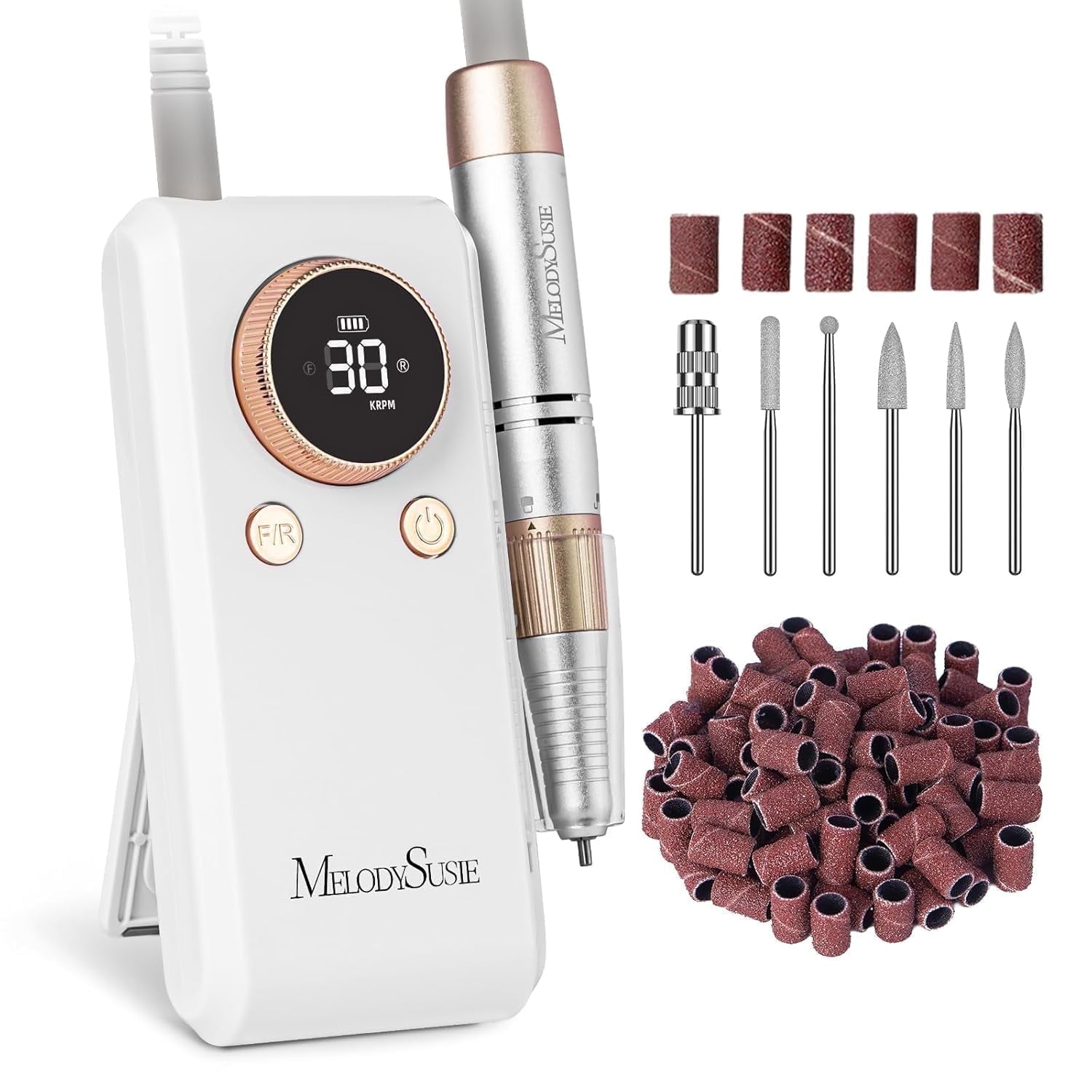 MelodySusie Professional Nail Drill, SC330G 2 in 1 Electric Nail File with Kickstand,  30000 RPM Portable Cordless Nail Machine for Manicure Acrylic Gel Polishing, Gold