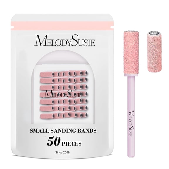 MelodySusie 50 Pcs 180 Fine Grit Nail Drill Bits Small Sanding Bands with 3.1mm Mandrel Bit, Pink