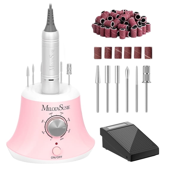MelodySusie Professional 30000 RPM Electric Nail Drill with Foot Pedal,  SC320I Efile Kit with 6  Drill Bits & 56  Sanding Bands, Pink