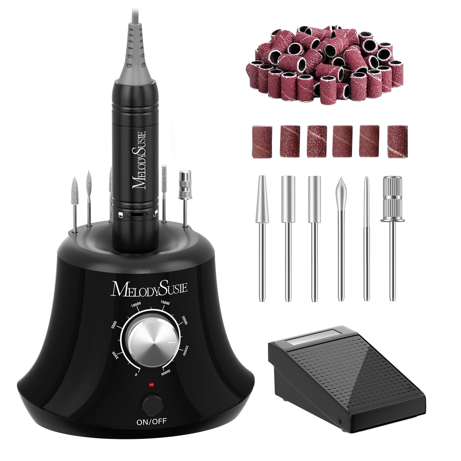 MelodySusie Professional 30000 RPM Electric Nail Drill with Foot Pedal,  SC320I Efile Kit with  6  Drill Bits & 56  Sanding Bands, Black