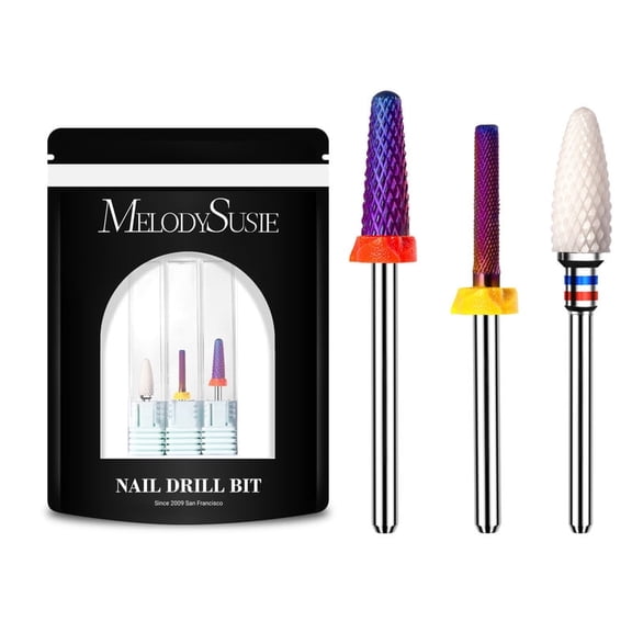MelodySusie 3Pcs Nail Drill Bit Set, Ceramic Flame Carbide Buffer and Cone Bits, 3/32'' Shank