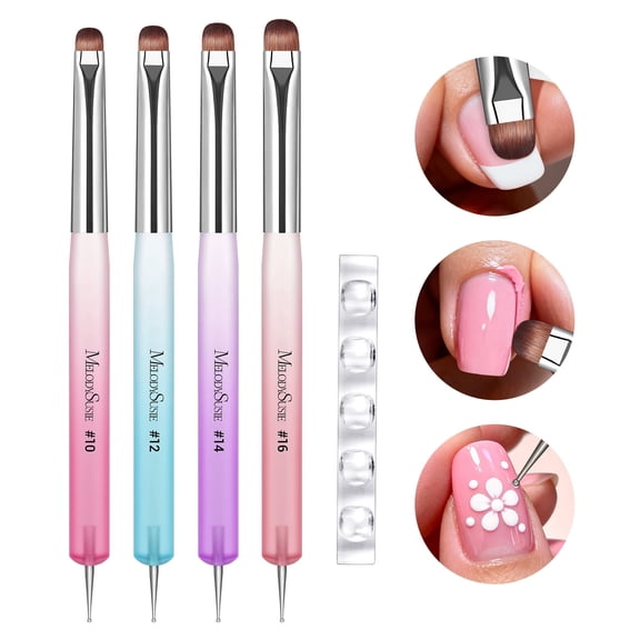 MelodySusie 4Pcs Dual-Ended French Nail Art Brush and Dotting Pen Set with Brush Holder, Sizes 10 12 14 16 for French Tips and Nail Art