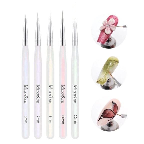 MelodySusie 5Pcs Nail Art Liner Brush Set, Sizes 5 7 9 11 20mm Professional Gel Polish Painting Pens for Fine Lines, Delicate Coloring and Tiny Details