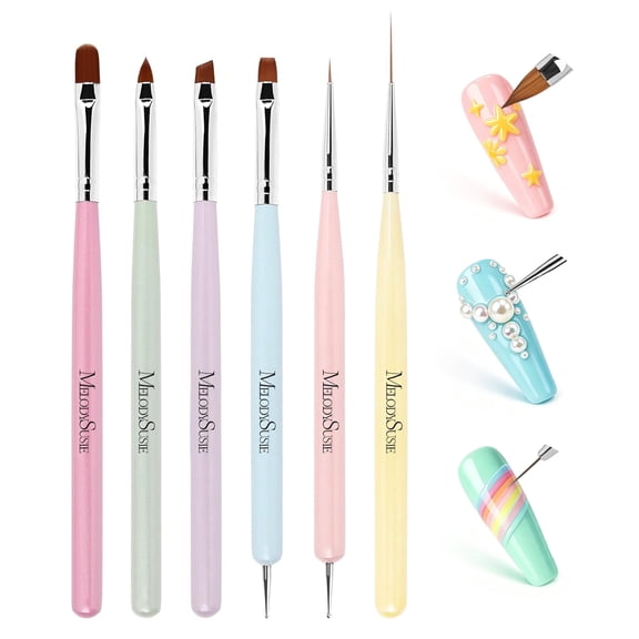 MelodySusie 6Pcs Nail Art Brush Set, Professional Painting Tools with Liner Flat Angled Gel Carved Brushes and Dotting Pen for Home and Salon, Colorful