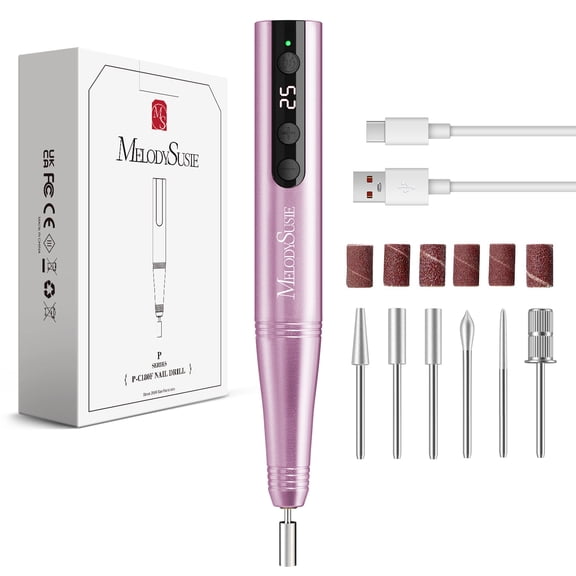 MelodySusie PC180F Cordless Electric Nail Drill, 25,000 RPM Portable Rechargeable E-file Set with Drill Bits&Sanding Bands,Purple