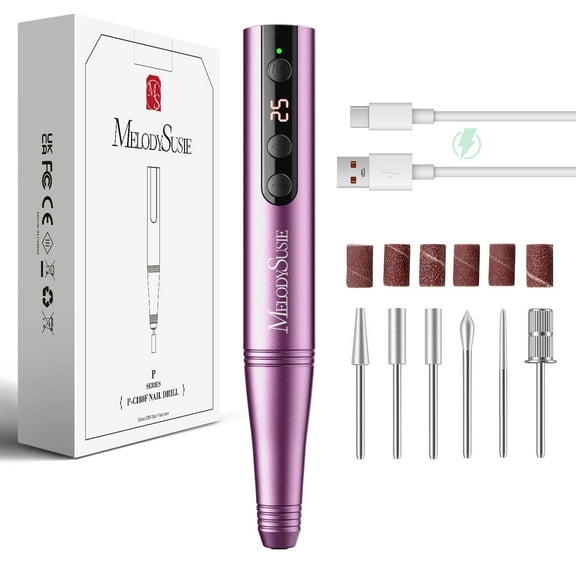 MelodySusie PC180F Cordless Electric Nail Drill, 25,000 RPM Portable Rechargeable E-file Set with Drill Bits&Sanding Bands,Purple