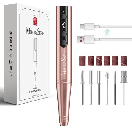 MelodySusie PC180F Cordless Electric Nail Drill, 25,000 RPM Portable Rechargeable E-file Set with Drill Bits&Sanding Bands,Gold