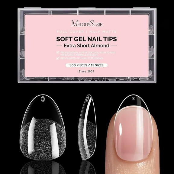 MelodySusie Extra Short Almond Nail Tips, 300Pcs Clear Acrylic, Half Matte Full Cover Press on Nails for DIY Extension & Salon Use, 15 Sizes Pre-Shaped for Long-Lasting Manicure