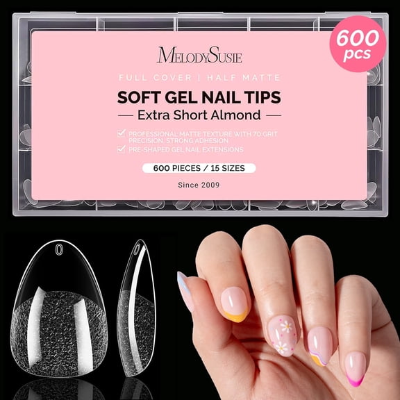 MelodySusie Extra Short Almond Nail Tips - 600Pcs 15 Sizes Clear Half Matte Full Cover Press on Nails for Active Lifestyles, Pre-Shaped for Long-Lasting Manicure