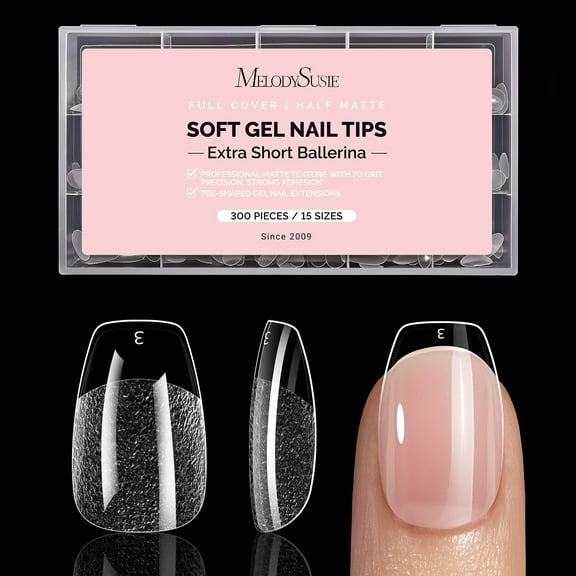 MelodySusie Extra Short Ballerina Nail Tips, 300Pcs Clear Acrylic, Half Matte Full Cover Press on Nails for DIY Extension & Salon Use, 15 Sizes Pre-Shaped for Long-Lasting Manicure