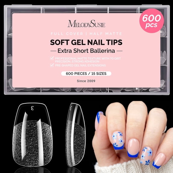 MelodySusie Extra Short Ballerina Nail Tips - 600Pcs 15 Sizes Clear Half Matte Full Cover Press on Nails for Extreme Fashion, Pre-Shaped for Long-Lasting Manicure