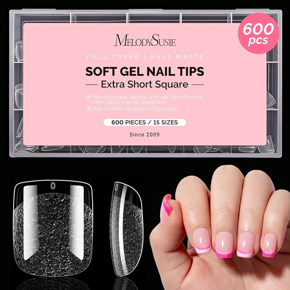 MelodySusie Extra Short Square Nail Tips - 600Pcs 15 Sizes Clear Half Matte Full Cover Press on Nails for Natural Look, Pre-Shaped for Long-Lasting Manicure