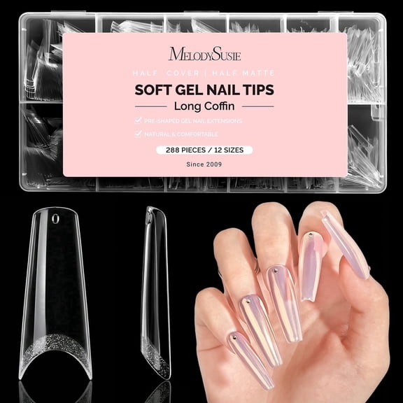MelodySusie Long Coffin Half Cover Nail Tips - 600Pcs 12 Sizes Clear Half Matte for Acrylic & Gel Extensions, Pre-Shaped for Long-Lasting Manicure