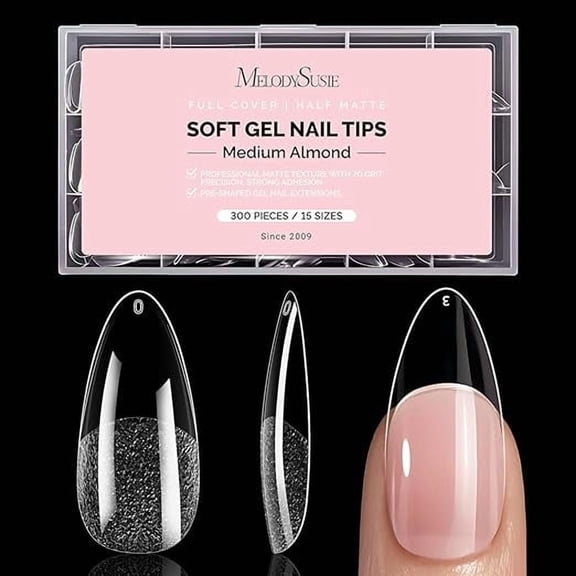 MelodySusie Medium Almond Nail Tips, 300Pcs Clear Acrylic, Half Matte Full Cover Press on Nails for DIY Extension & Salon Use, 15 Sizes Pre-Shaped for Long-Lasting Manicure