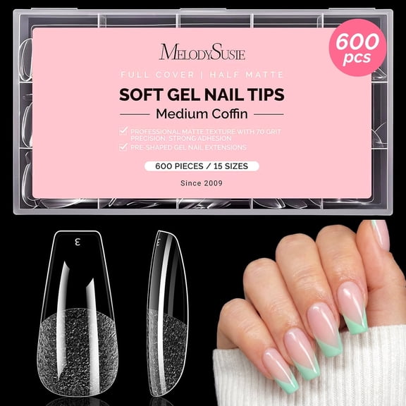 MelodySusie Medium Coffin Nail Tips - 600Pcs 15 Sizes Clear Half Matte Full Cover Press on Nails for Modern Manicure, Pre-Shaped for Long-Lasting Manicure