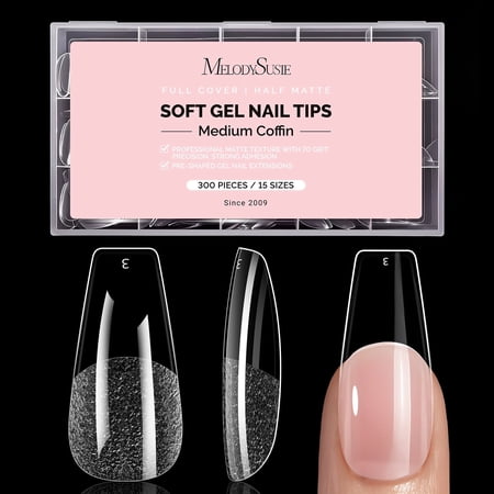 MelodySusie Medium Coffin Nail Tips, 300Pcs Clear Acrylic, Half Matte Full Cover Press on Nails for DIY Extension & Salon Use, 15 Sizes Pre-Shaped for Long-Lasting Manicure