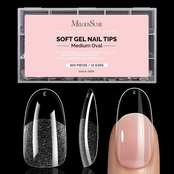MelodySusie Medium Oval Round Nail Tips, 300Pcs Clear Acrylic, Half Matte Full Cover Press on Nails for DIY Extension & Salon Use, 15 Sizes Pre-Shaped for Long-Lasting Manicure