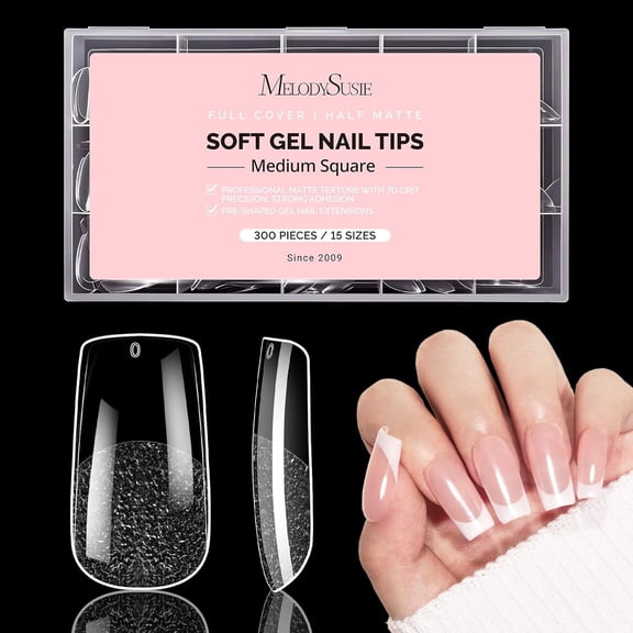 MelodySusie Medium Square Nail Tips - 300Pcs 15 Sizes Clear Acrylic, Half Matte Full Cover Press on Nails for DIY Extension & Salon Use, Pre-Shaped for Long-Lasting Manicure