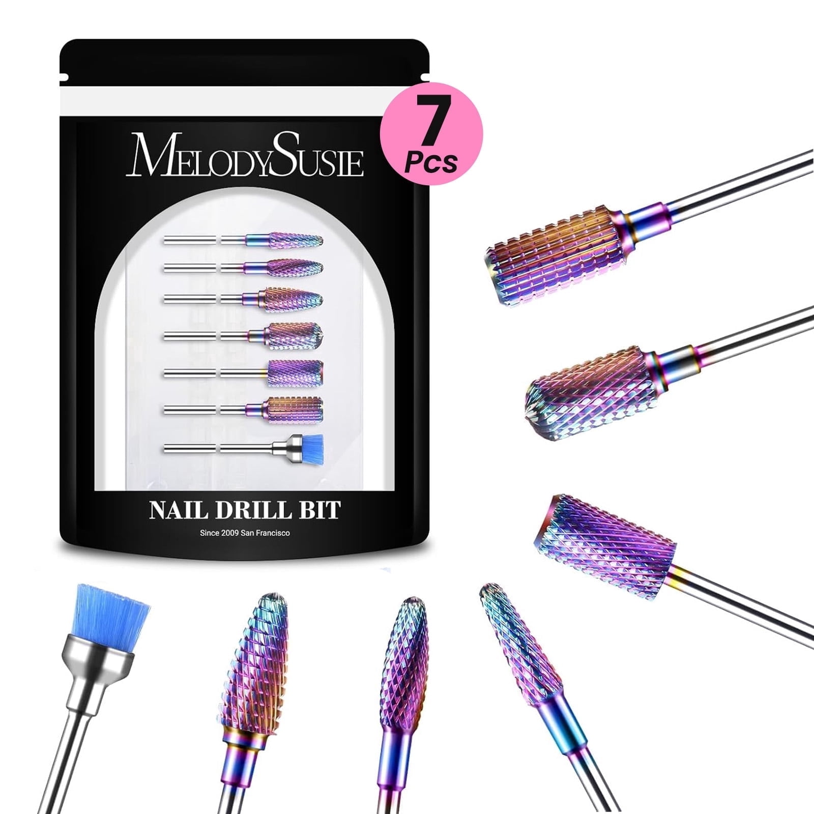 MelodySusie Nail Drill Bits Set, 7pcs Tungsten Carbide Diamond 3/32'' Professional Nail Drill Bits for Nail Drill Efile,colorful