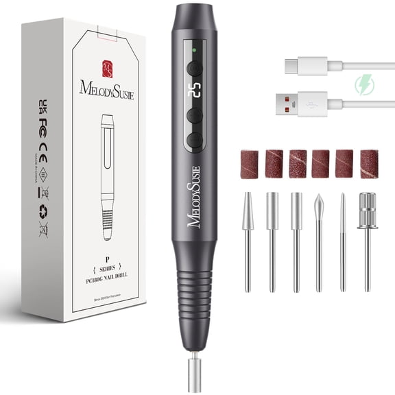 MelodySusie Cordless Portable Nail Drill, 25,000 RPM PC180G Rechargeable Nail E-file Kit, with Drill Bits & Sanding Bands, Black