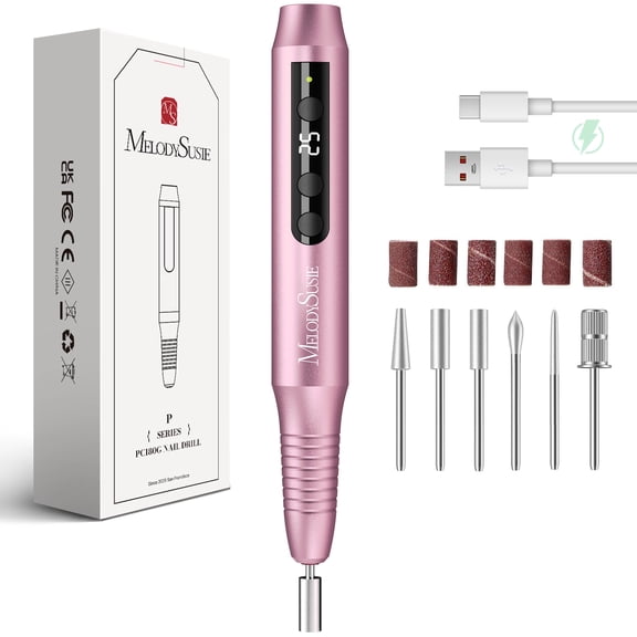 MelodySusie Cordless Portable Nail Drill, 25,000 RPM PC180G Rechargeable Nail E-file Kit, with Drill Bits & Sanding Bands, Pink