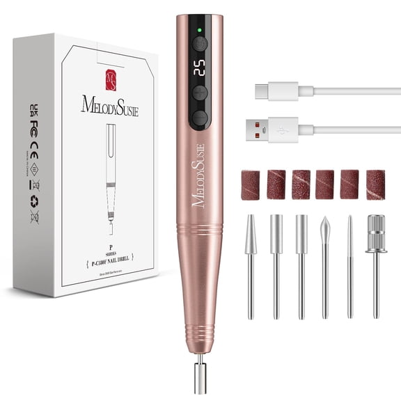 MelodySusie Pen-Shaped Portable Cordless Nail Drill, PC180F 25000RPM Rechargeable Electric File with LED Display for All Nail Care