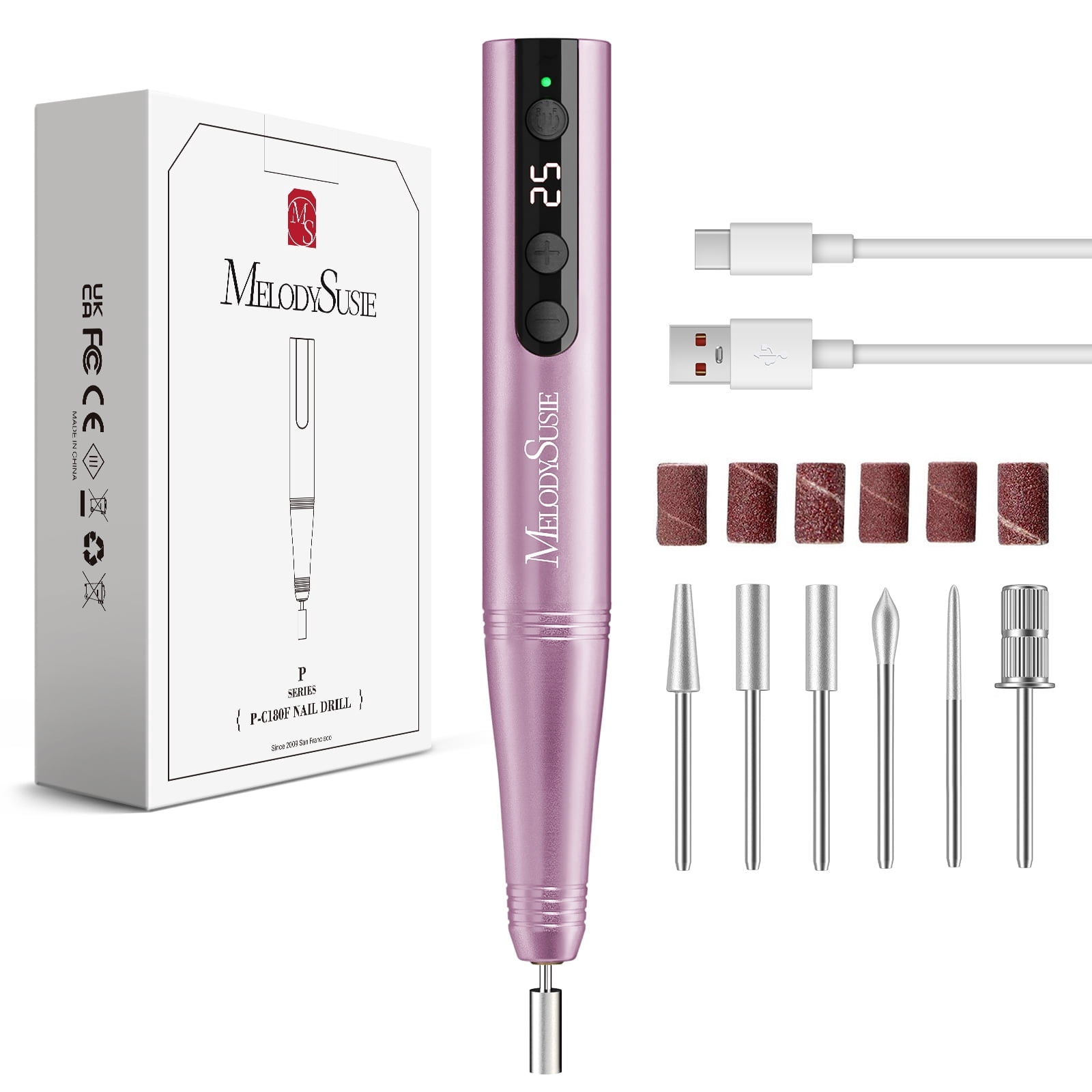 MelodySusie Pen-Shaped Portable Cordless Nail Drill, PC180F 25000RPM Rechargeable Electric File with LED Display for All Nail Care