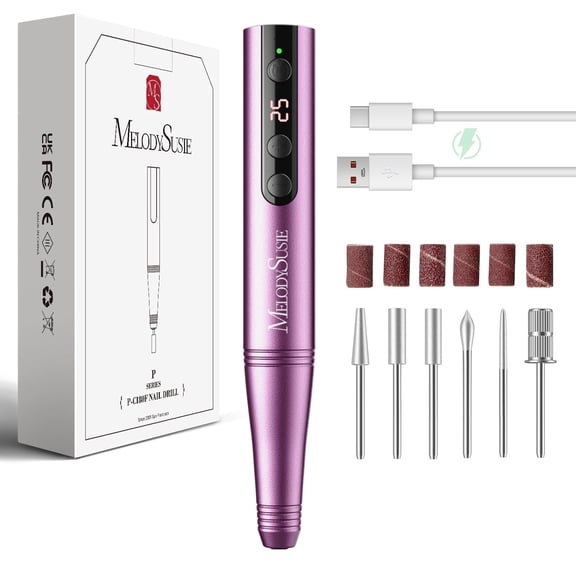 MelodySusie Pen-Shaped Portable Cordless Nail Drill, PC180F 25000RPM Rechargeable Electric File with LED Display for All Nail Care