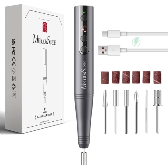 MelodySusie Pen-Shaped Portable Cordless Nail Drill, PC180F 25000RPM Rechargeable Electric File with LED Display for All Nail Care