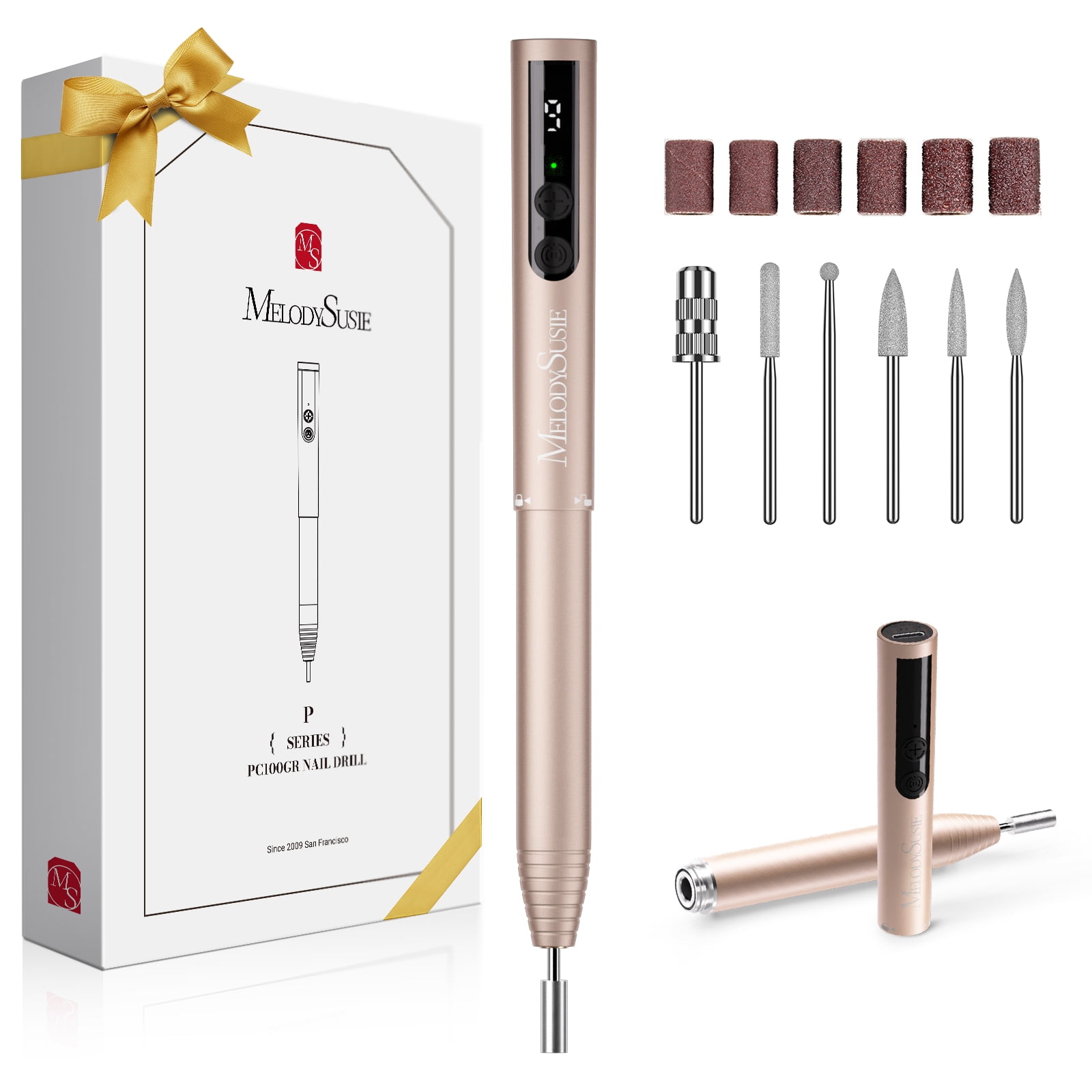 MelodySusie Portable Rechargeable Nail Drill, 20000 RPM PC100GR Pocket Nail File kit with Drill Bits & Sanding Bands, Gold