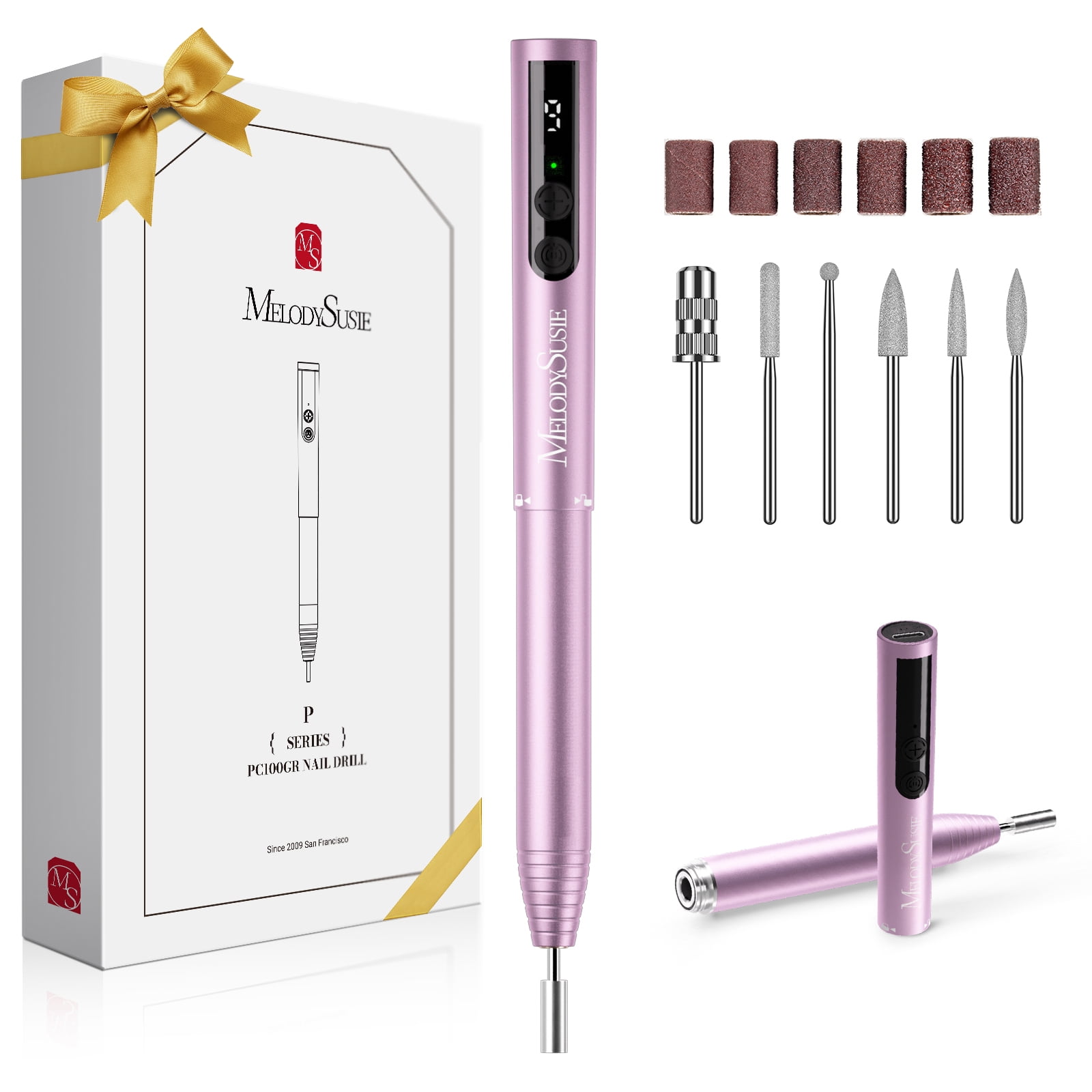 MelodySusie Portable Rechargeable Nail Drill, 20000 RPM PC100GR Pocket Nail File kit with Drill Bits & Sanding Bands, Rose Gold