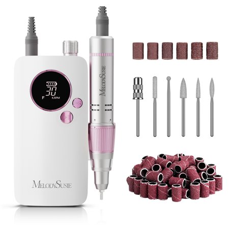 MelodySusie SC320F Portable Nail Drill, 30,000 RPM Rechargeable Efile for Acrylic Gel Polishing, 6pcs Drill bits&50pcs Sanding Bands, Rose