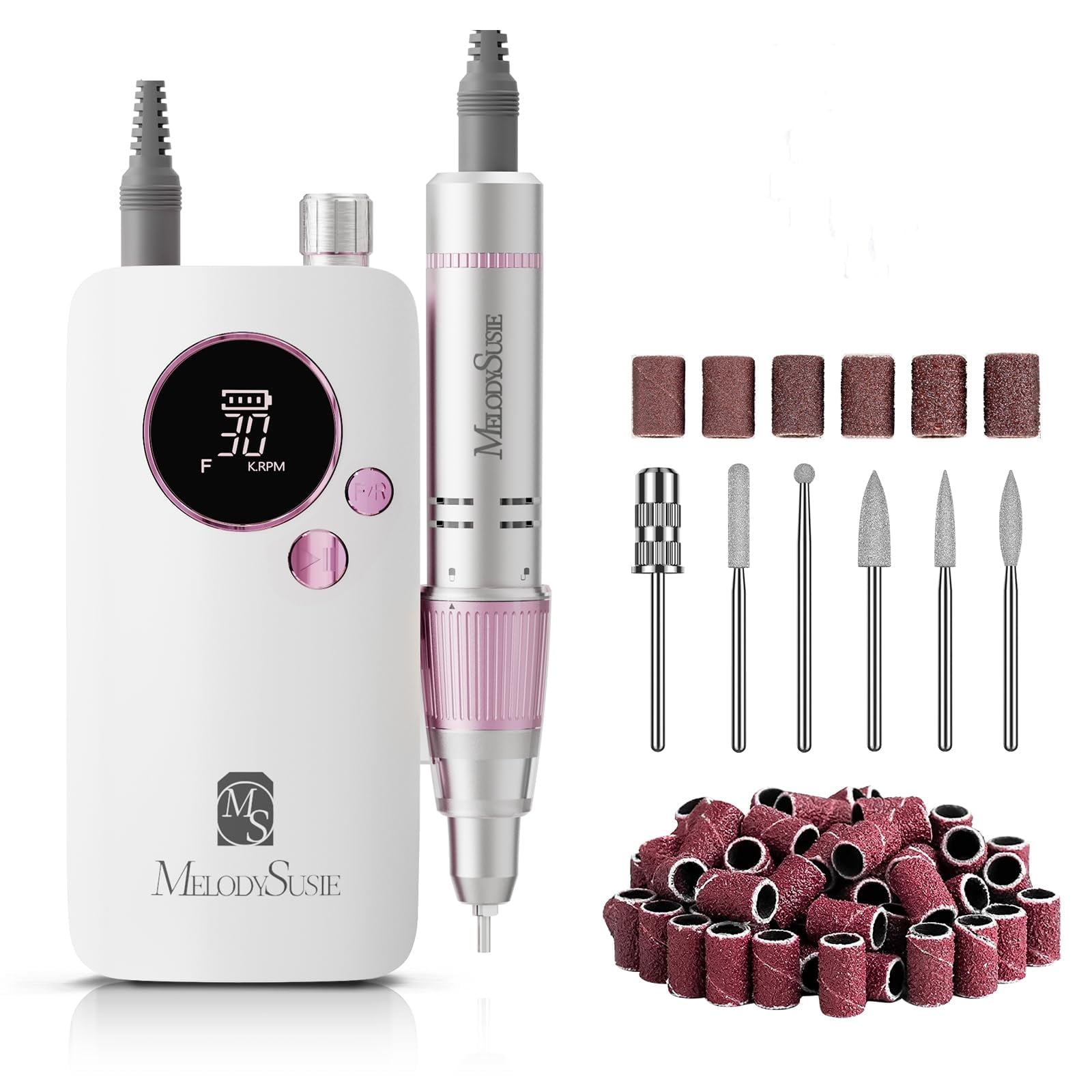 MelodySusie SC320F Portable Nail Drill, 30,000 RPM Rechargeable Efile for Acrylic Gel Polishing, 6pcs Drill bits&50pcs Sanding  Bands, Rose