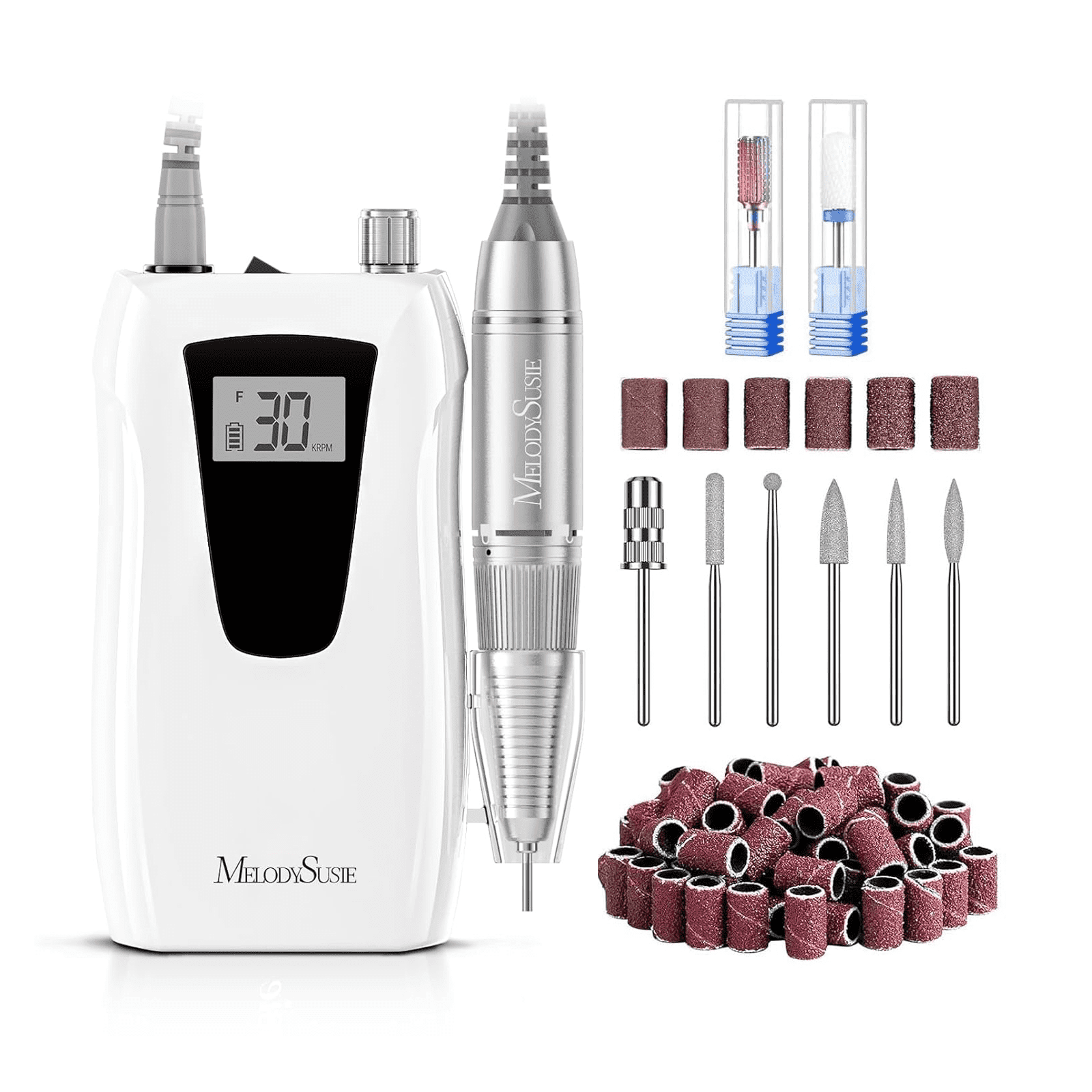 MelodySusie Entry-Level Clip-On Cordless Nail Drill,SC320D 30000RPM Nail E-File with LCD Display for Manicure Shaping & Gel Removal,White
