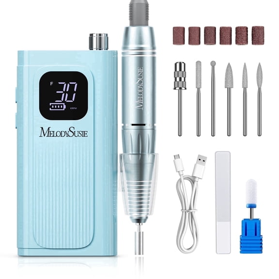 MelodySusie SC300E Clip-on Rechargeable Nail Drill, 30000RPM Cordless E-File with LED Display & Accessories for Nail Care, Ocean Blue