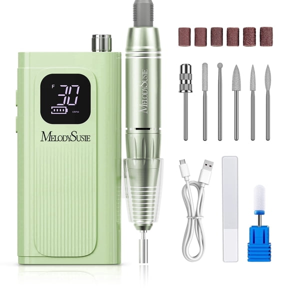 MelodySusie SC300E Clip-on Rechargeable Nail Drill, 30000RPM Cordless E-File with LED Display & Accessories for Nail Care, Mint Green
