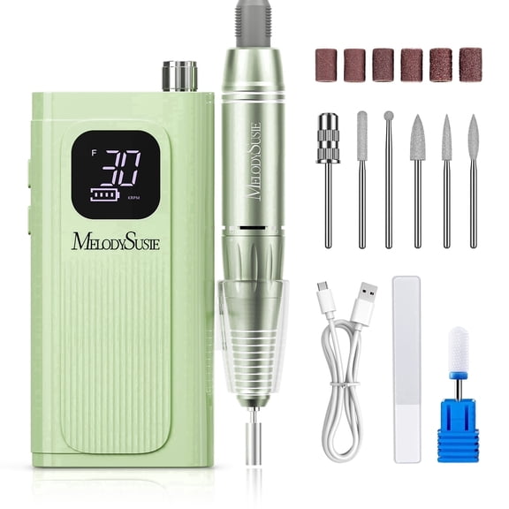 MelodySusie SC300E Clip-on Rechargeable Nail Drill, 30000RPM Cordless E-File with LED Display & Accessories for Nail Care, Mint Green