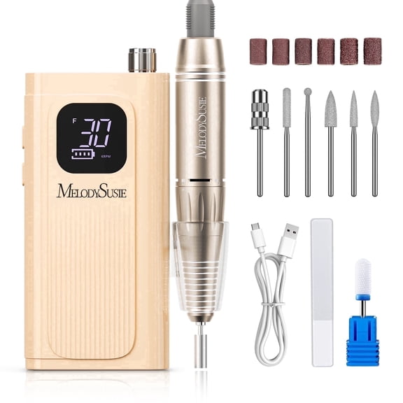 MelodySusie SC300E Clip-on Rechargeable Nail Drill, 30000RPM Cordless E-File with LED Display & Accessories for Nail Care, Creamy Yellow