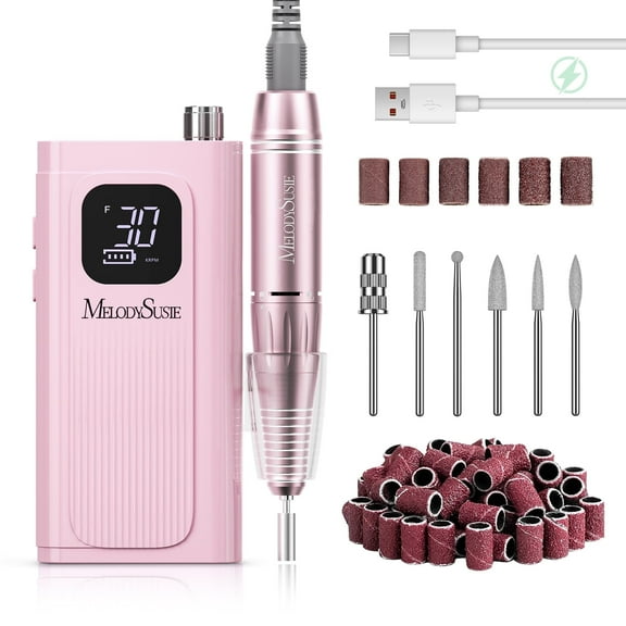 MelodySusie SC300F Electric Nail Drill Machine,30000 RPM Cordless Rechargeable Nail File Kit for Acrylic Gel Nail Care Manicure Polishing Set,Pink