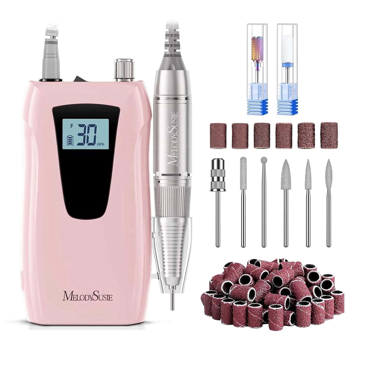 MelodySusie Entry-Level Clip-On Cordless Nail Drill,SC320D 30000RPM Nail E-File with LCD Display for Manicure Shaping & Gel Removal,Pink