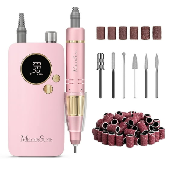 MelodySusie SC320F Portable Nail Drill, 30,000 RPM Rechargeable Efile for Acrylic Gel Polishing, 6pcs Drill bits&50pcs Sanding Bands, Pink