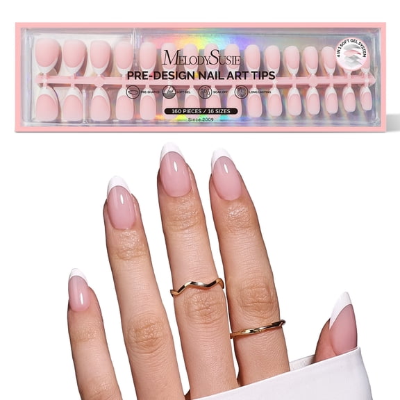 MelodySusie Press-On Nails, Short Almond Pink French False Nail Tips, No File Needed Natural Long-Lasting, 160 Count 16 Sizes