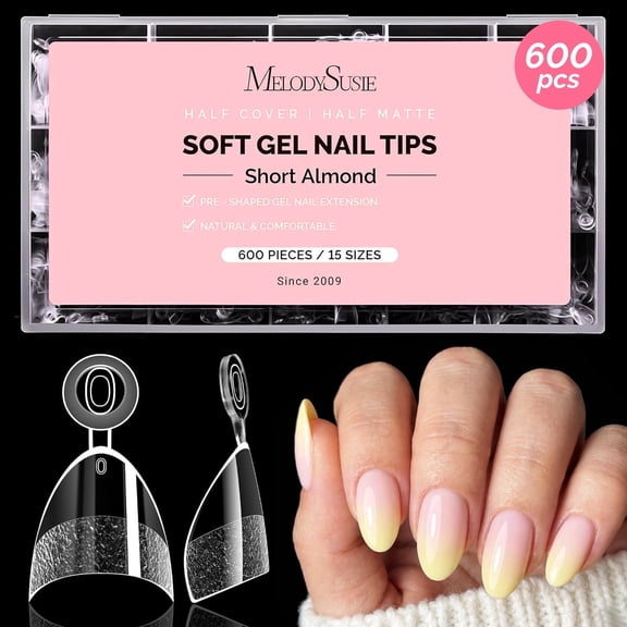MelodySusie Short Almond Half Cover Nail Tips - 600Pcs 15 Sizes Clear Half Matte for Easy Blending & Overlays, Pre-Shaped for Long-Lasting Manicure