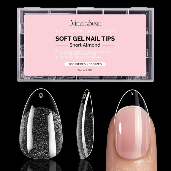 MelodySusie Short Almond Nail Tips, 300Pcs Clear Acrylic, Half Matte Full Cover Press on Nails for DIY Extension & Salon Use, 15 Sizes Pre-Shaped for Long-Lasting Manicure