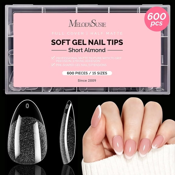 MelodySusie Short Almond Nail Tips - 600Pcs 15 Sizes Clear Half Matte Full Cover Press on Nails for DIY Extension & Salon Use, Pre-Shaped for Long-Lasting Manicure