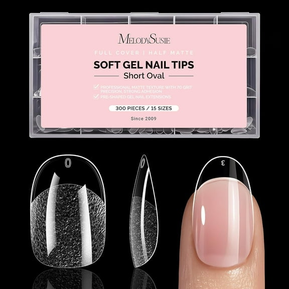 MelodySusie Short Oval Round Nail Tips, 300Pcs Clear Acrylic, Half Matte Full Cover Press on Nails for DIY Extension & Salon Use, 15 Sizes Pre-Shaped for Long-Lasting Manicure
