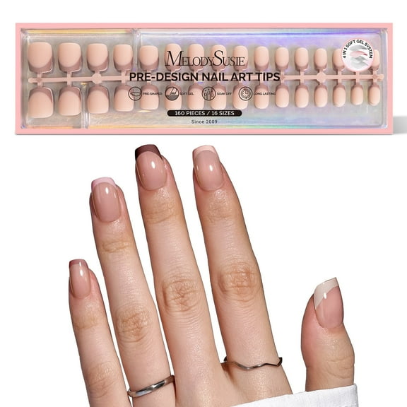 MelodySusie Press-On Nails, Short Square Coffee Brown French False Nail Tips, No File Needed Natural Long-Lasting, 160 Count 16 Sizes