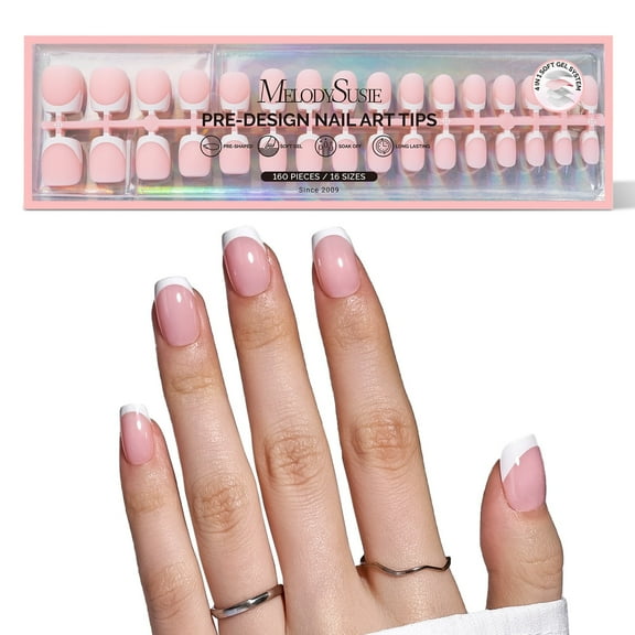 MelodySusie Press-On Nails, Short Square Pink French False Nail Tips, No File Needed Natural Long-Lasting, 160 Count 16 Sizes